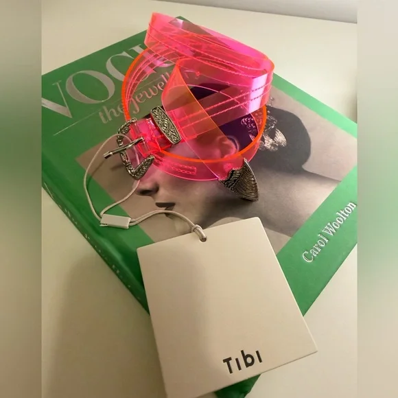 Tibi Neon Western PVC Pink Belt with Silver Accents